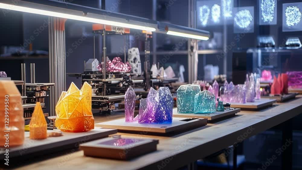 Poster an array of freshly printed prototypes lined up on a workbench each one showcasing different materia