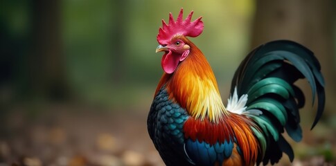 Fototapeta premium Proud rooster with vibrant plumage, sharp comb, rural, proud