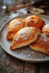 Flaky golden brown pastry topped with powdered sugar, placed on a wooden table.