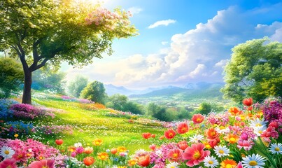 Spring meadow, vibrant flowers, sunny hills, peaceful landscape, ideal for calendar