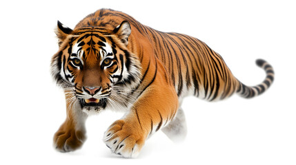 Obraz premium powerful tiger with intense eyes prowling against white background, showcasing its majestic stripes and fierce expression