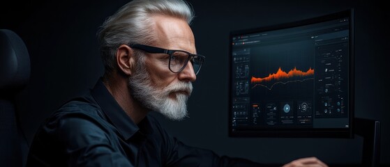 An elderly man analyzes data on a computer screen in a dark environment.