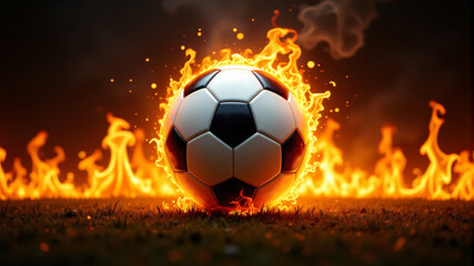 Fototapeta premium A visually striking image of a soccer ball engulfed in flames, showcasing energy and excitement.