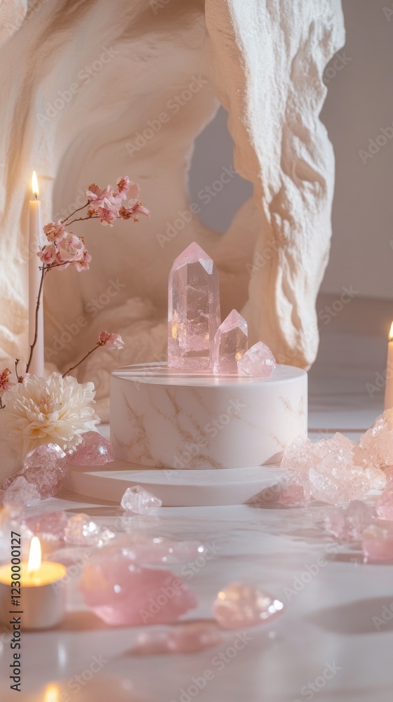 Poster A glossy porcelain podium supports sparkling pink crystals, illuminated by soft candlelight. Surrounding flowers add a touch of elegance, creating a tranquil atmosphere for reflection and connection