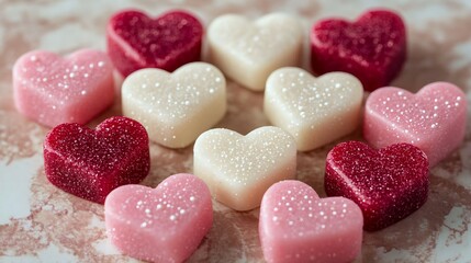 Obraz premium Heart-shaped sugar candies in red, pink, and white with a glittery surface arranged on a marbled background, ideal for Valentine's Day themes.