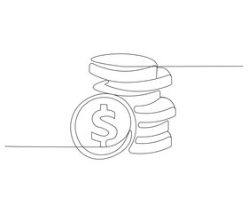 Stacks of coins in one continuous line drawing. Coins money symbol of financial success and investment business. Coins money in simple linear style. Editable outline illustration