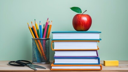 shows a stack of colorful books on a wooden desk against a light green background. On top of the books, there is a red apple with a green leaf on top.