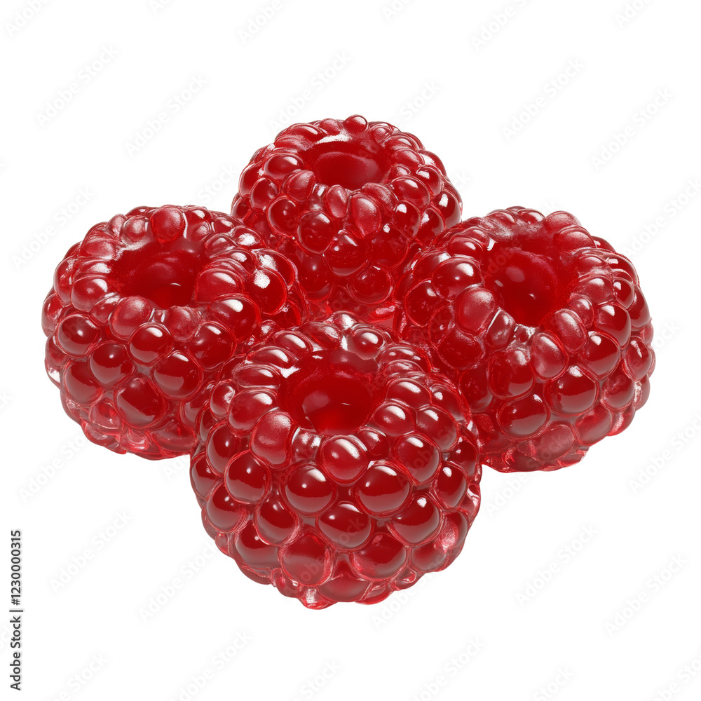 Poster a close up image of four glistening red raspberries arranged in a cluster against a black background