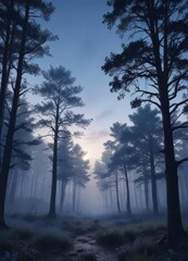 Obraz premium Forest landscape with blue silhouettes of trees at dusk, wild animals, blue silhouettes of trees, forest landscape