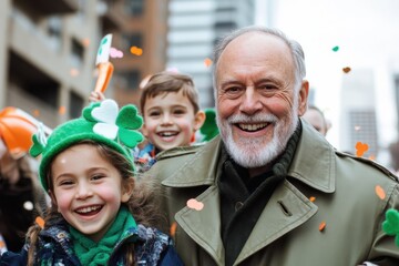 Fototapeta premium Amid a lively St. Patrick's parade, a smiling grandfather holds a young child, radiating joy and warmth, surrounded by festive decorations and a vibrant community atmosphere.