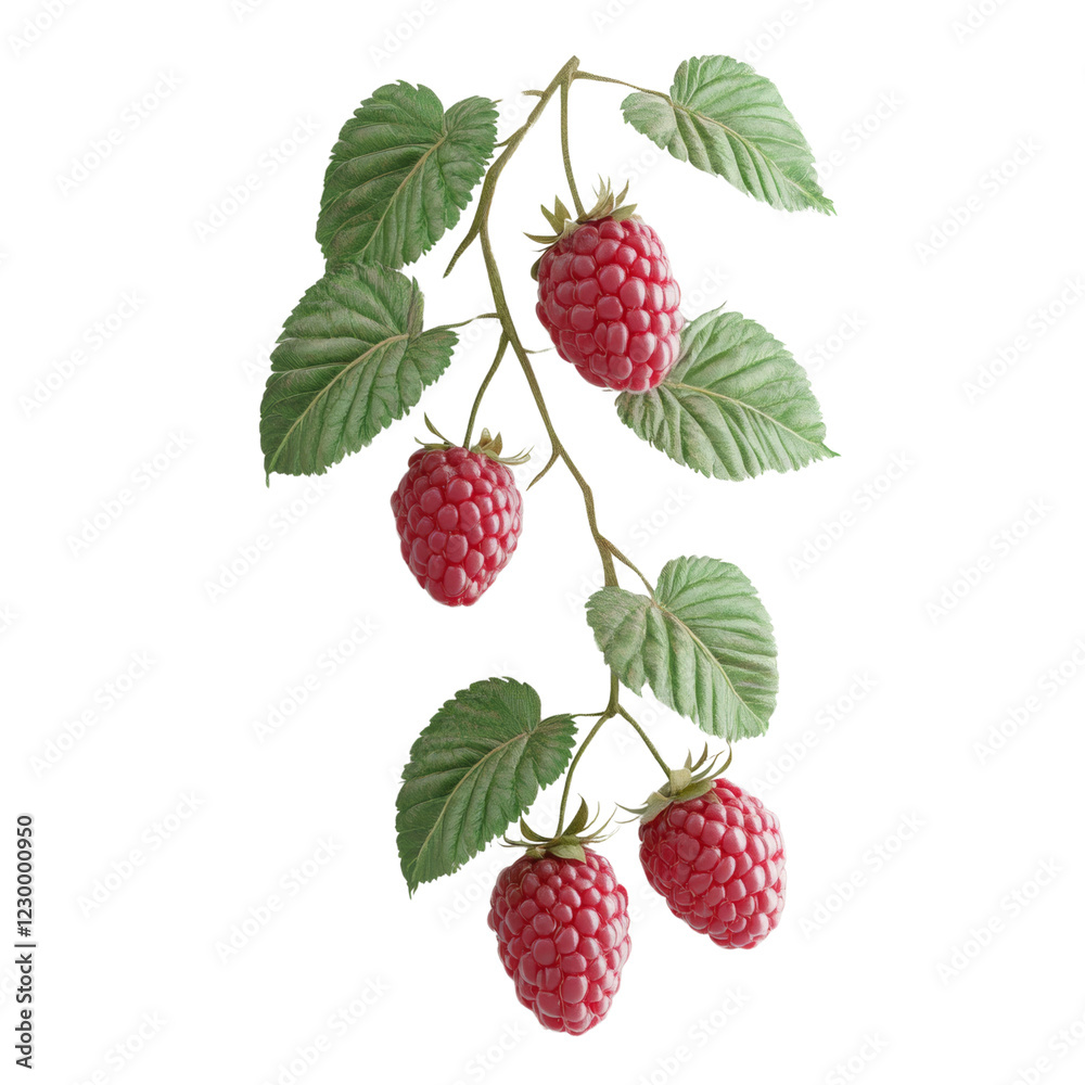 Poster a close-up image shows a branch of ripe red raspberries with green leaves against a black background
