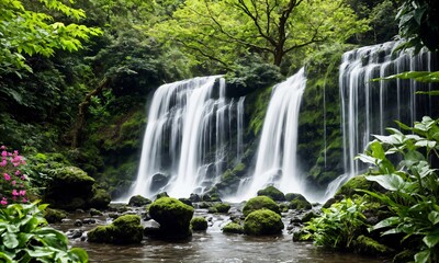 Obraz premium Enchanting Backyard Waterfall in a Zen Garden – Stunning Landscape Design for Peaceful Outdoor Spaces