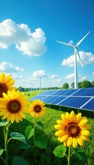 Sunflowers, solar panels, wind turbines, green energy, botany, electricity