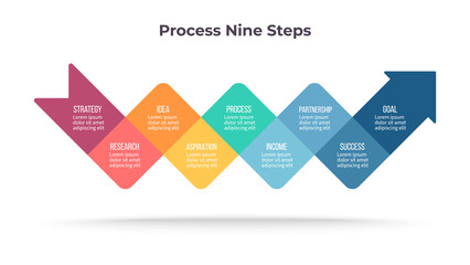 Business infographic template. Timeline with nine options, steps. Vector chart