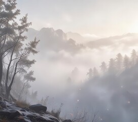 Gentle morning light drips through a veil of white fog,  dawn,  soft,  mist