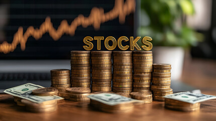 Stacks of coins with word STOCKS on top, surrounded by dollar bills, symbolize investment strategy and financial growth. graph in background suggests market trends