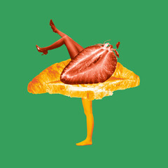 Minimalistic surreal artwork. Croissant with strawberry and human legs balances on one foot,...