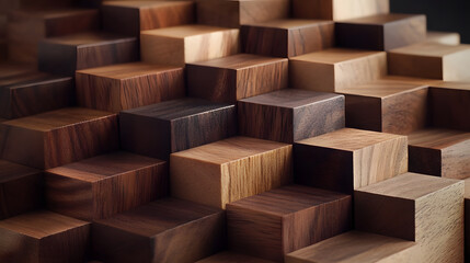 geometric arrangement of wooden blocks in various shades and textures creates visually striking pattern. blocks are stacked in stepped formation, showcasing natural beauty of wood