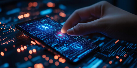 Exploring digital security solutions tech environment mobile interaction urban setting close-up perspective cybersecurity concepts