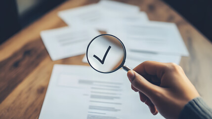 hand holding magnifying glass focuses on document with checkmark, symbolizing approval or verification. background shows several blurred papers on wooden table