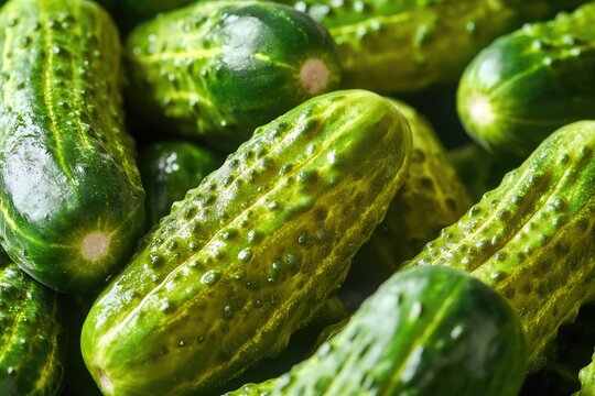 Fresh, sour pickles in a close up image.