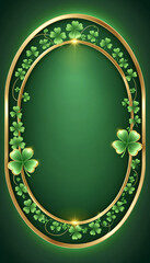 A decorative oval frame with golden borders and green shamrocks on a dark green background. The glowing accents add a festive and luxurious touch, perfect for St. Patrick's Day designs.