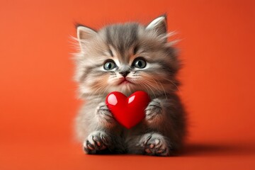 Ad campaign conceptual art. Cute persian feline infant with diamond red heart - emblem of love, funny greeting card. Persian - my beloved cat. Heart valentine's furry photo. Animal love.