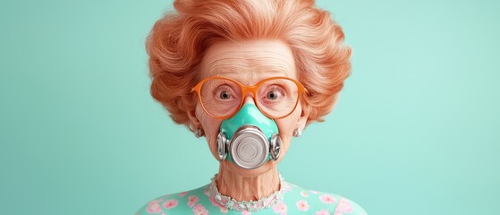 Fototapeta premium An elderly woman with vibrant hair and glasses wears a colorful mask, conveying a playful mood.
