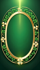 A decorative oval frame with golden borders and green shamrocks on a dark green background. The glowing accents add a festive and luxurious touch, perfect for St. Patrick's Day designs.