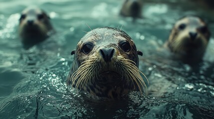 Obraz premium Close up of a Seal swimming in the ocean with other seals in background