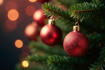 Twinkling glass ornaments adorn a fragrant pine branch, tree, lights, decoration