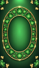 A decorative oval frame with golden borders and green shamrocks on a dark green background. The glowing accents add a festive and luxurious touch, perfect for St. Patrick's Day designs.