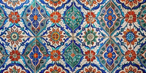 Colorful, ornate, traditional Turkish ceramic tiles in a geometric pattern adorn a wall as a unique decorative element, wall decoration, colorful tiles