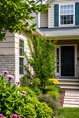 Obraz premium Dream House Exterior: Landscaping, Architecture, and Garden Design. Beautiful home with a well-maintained garden, showcasing stunning architecture and landscaping details.