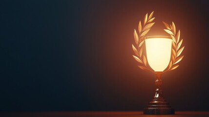 A glowing trophy surrounded by laurel leaves, symbolizing achievement and success, set against a dark background.