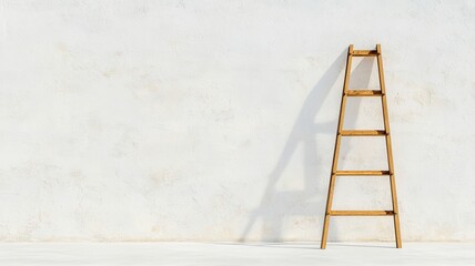 A wooden ladder leaning against a plain wall, casting a shadow, emphasizes simplicity and space.