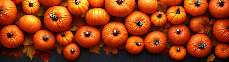 Obraz premium Autumn background with mini pumpkins and wooden table, top view banner for seasonal design