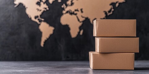 stacked shipping packages global. Stacked boxes in front of a world map background for logistics and shipping themes.