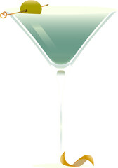 Martini cocktail in a martini glass, garnished with a green olive isolated on transparent background. Creative design. Concept of alcohol drink, bar menu, refreshment