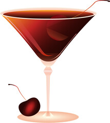 Manhattan cocktail garnished with cherry isolated on transparent background with additional cherry decoration. Creative design. Concept of alcohol drink, bar menu, refreshment