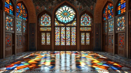 Ornate stained glass palace interior; sunlight streams through windows onto mosaic floor