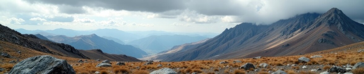 Fototapeta premium Rocky plateau with rugged peaks and valleys under overcast sky with scattered clouds, rocky, landscape, mountains