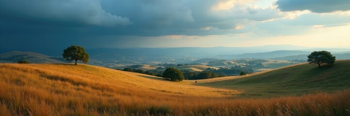 Fototapeta premium Rolling hills with trees against a vast plateau under a dark and cloudy sky, hills, serene