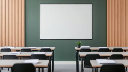 A modern classroom featuring wooden accents, empty desks, and a large whiteboard against a green wall.