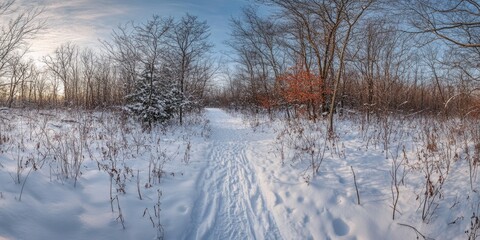 A tranquil winter trail through a forest, with fresh snow covering the ground and trees.