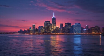 Obraz premium Glowing city skyline across river at dusk