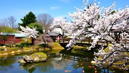Obraz premium Serene Japanese Garden with Cherry Blossoms and Koi Fish