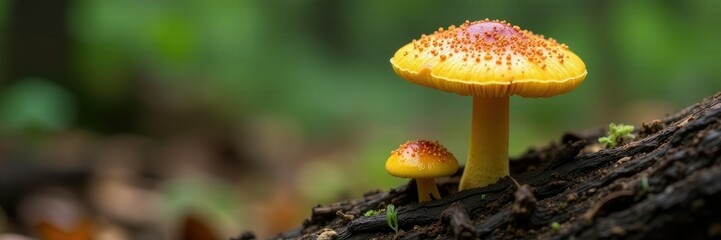 Saffron milk cap mushroom growing on decaying wood, natural environment, decayed wood, forest floor details