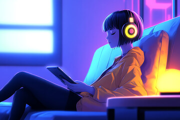 Futuristic Anime Girl Listening to Music in a Modern Room
