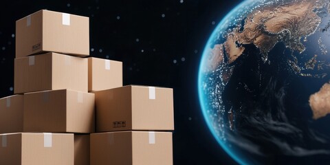 stacked shipping packages global. Stacks of boxes beside a glowing Earth in a cosmic setting.